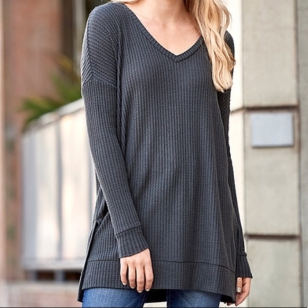 Eggplant Waffle Knit V-Neck Sweater - Picture 7 of 9